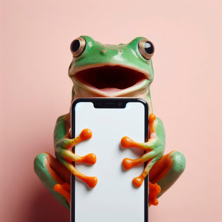 Shocked real frog holding smartphone with white mockup screen on solid color background. ai generative.の素材