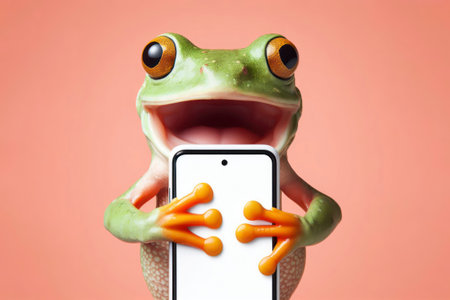 Shocked real frog holding smartphone with white mockup screen on solid color background. ai generative.の素材