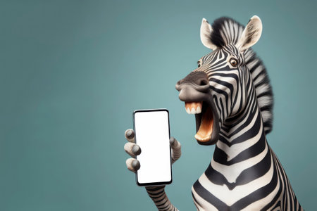 Shocked zebra holding smartphone with white mockup screen on solid color background. ai generative.の素材