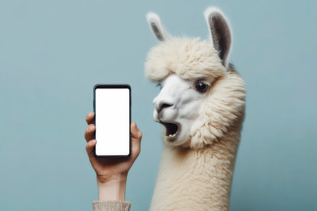 Shocked real llama holding smartphone with white mockup screen on solid color background. ai generative.の素材