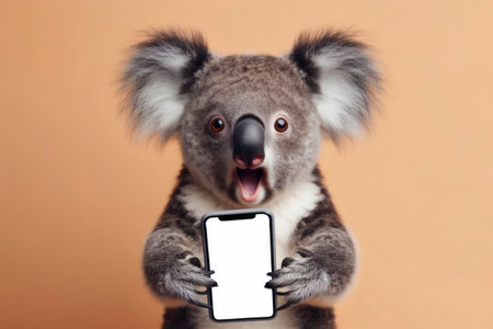 Shocked real Koala holding smartphone with white mockup screen on solid color background. ai generative.の素材
