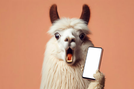 Shocked real llama holding smartphone with white mockup screen on solid color background. ai generative.の素材