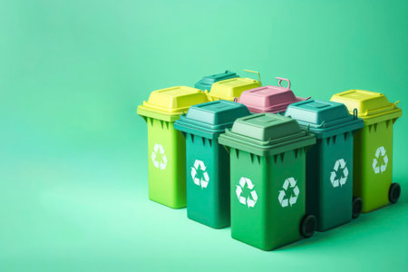 A shot of a row of recycling bins on solid green background. ai generative.の素材
