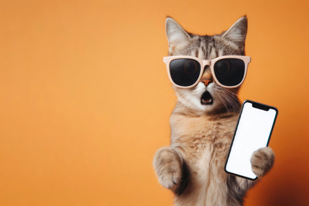 Shocked cat in sunglasses holding smartphone with white mockup screen on solid color background. ai generative.の素材