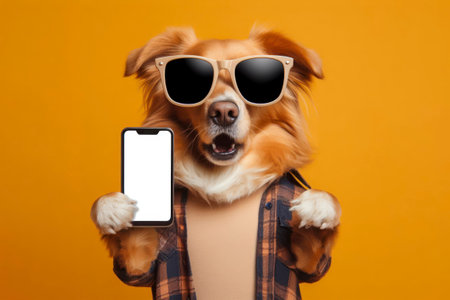 Shocked dog in sunglasses holding smartphone with white mockup screen on solid color background. ai generative.の素材