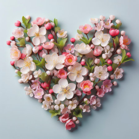 spring blooming flowers in shape of heart on pastel background. ai generative.の素材