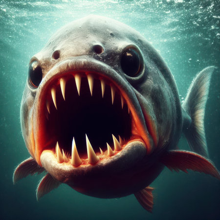 Angry Piranha fish underwater with open mouth. ai generative.の素材