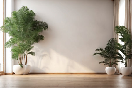 Blank wall in house with tropical tree on wooden parquet for luxury interior living room background. ai generative.の素材