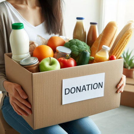 Cardboard box full of grocery products. Donation, food bank. ai generative.の素材