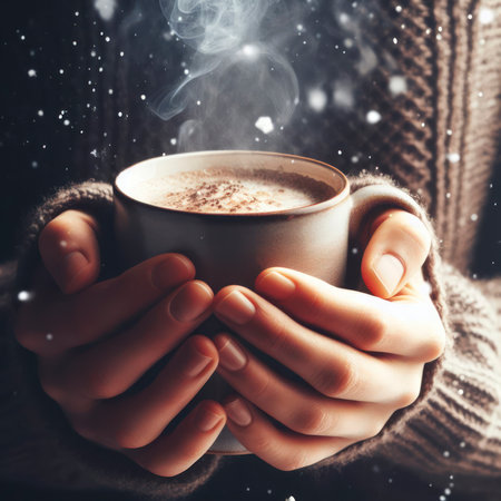 close up hands cradling a steaming mug of hot coffee, snowflakes falling. ai generative.の素材