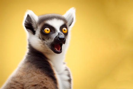 Lemur catta portrait with surprised expression on isolated yellow background. ai generative.の素材