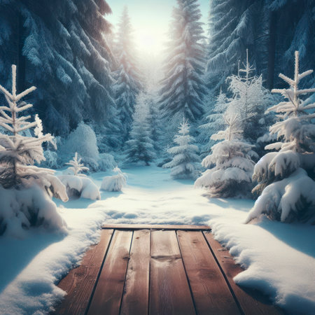 winter background with snow, green trees and wooden table copy space. ai generative.の素材