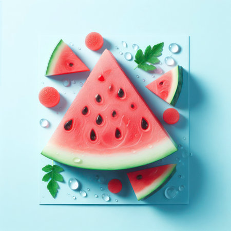 Slides fresh of watermelon on light blue background with water drops. ai generative.の素材