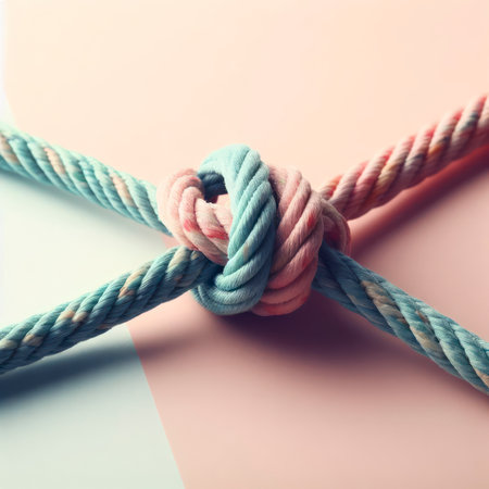 two ropes of different colors tied into a knot on pastel background. ai generative.の素材