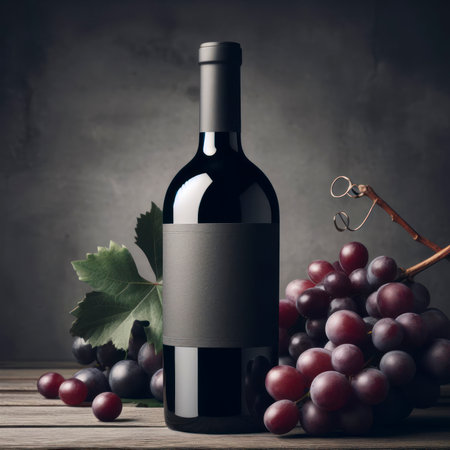 Vintage bottle of red wine with blank matte black label, bunch of grapes on wooden table. ai generative.の素材