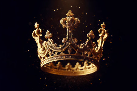 Photo of a Gold Crown on black background with fly particles. ai generative.の素材