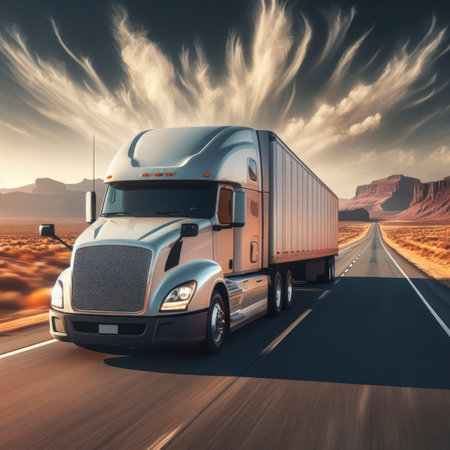 Semi truck driving fast on long road with desert landscape. Transportation and delivery concept. ai generative.の素材
