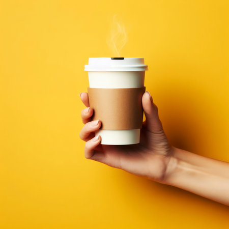 Woman hand holding a paper cup of coffee on a bright yellow background, Copy space. ai generative.の素材