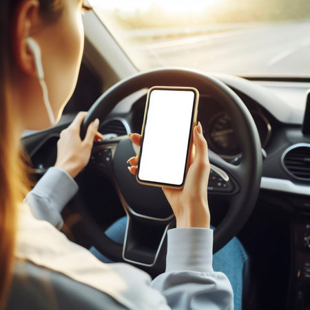 Woman driver using mobile phone screen blank mockup while driving distracted from the road. ai generative.の素材