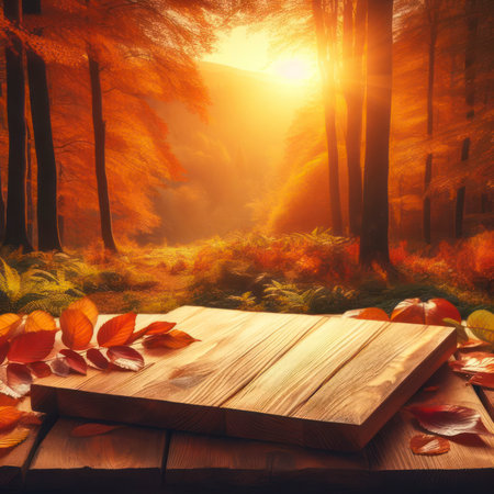 Wooden table in front of a colorful autumn landscape at sunset in forest. ai generative.の素材