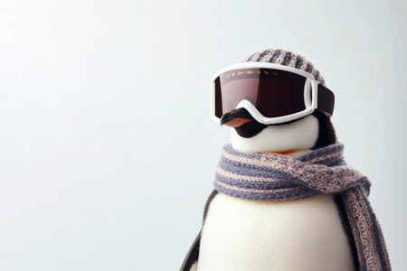 Closeup portrait of penguin wearing winter scarf and ski goggles, standing on white background. ai generative.の素材