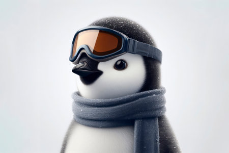 Closeup portrait of penguin wearing winter scarf and ski goggles, standing on white background. ai generative.の素材