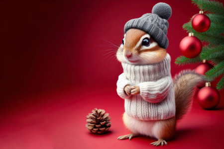 Photorealistic full body chipmunk wearing knitted sweater and beanie on studio red chrismas background. ai generative.の素材