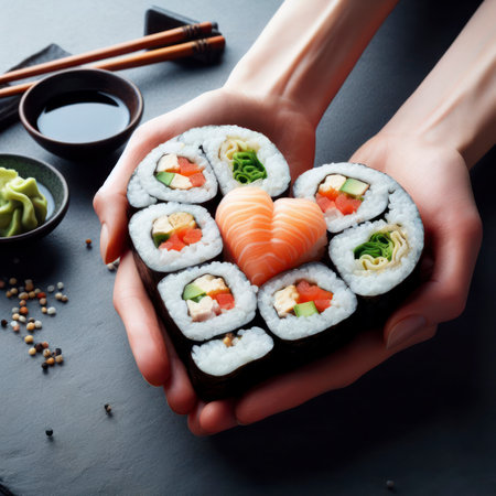 love heart shaped shushi roll for the passion and love of japanese sushi maki foor or fine dining. ai generative.の素材