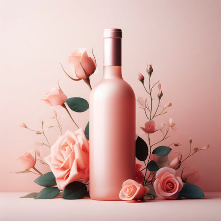 Mockup of rose wine bottle with rose flowers on pastel background. ai generative.の素材