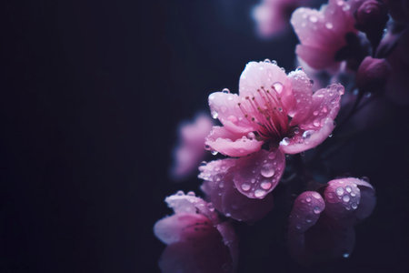 pink flower of peach or plum with water drops. ai generative.の素材