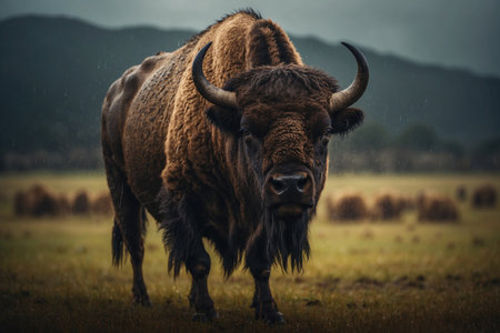 a bison with large horns standing in a rain soaked field. ai generative.の素材