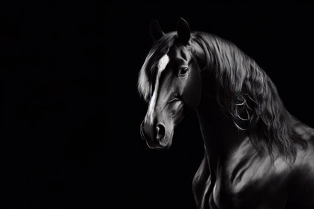 Black and white banner of a magnificent black stallion horse isolated on black background with copy space. ai generative.の素材