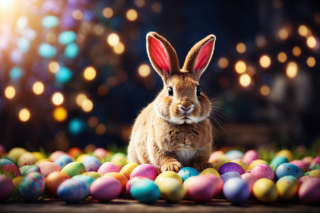 Happy Easter Bunny with many colorful easter eggs. ai generative.の素材