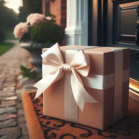 Elegant gift shop delivery, parcel box with a bow on a house doorstep in the countryside. ai generative.の素材
