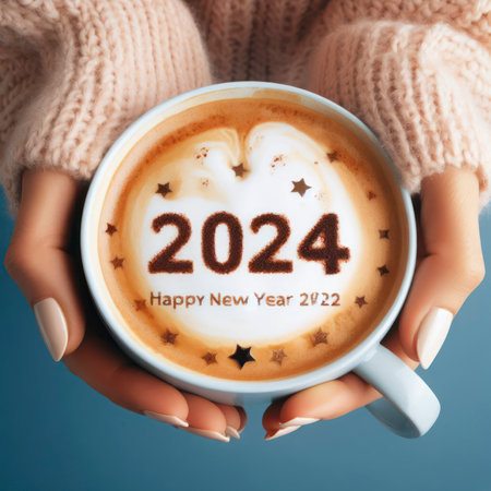 female hands holding coffee mug on frothy surface with number 2024 in white coffee mug holding. ai generative.の素材