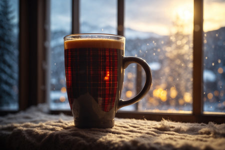 Hot coffee mug with plaid at glass window in warm and cozy home. ai generative.の素材