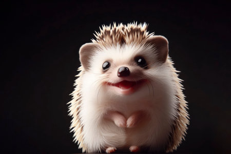 portrait of a happy hedgehog isolated with black background. ai generative.の素材