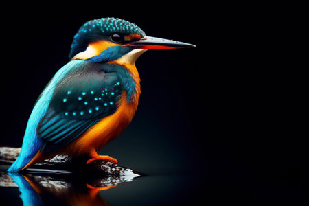 kingfisher on the water. sleek body and sharp beak isolated on black background. ai generative.の素材
