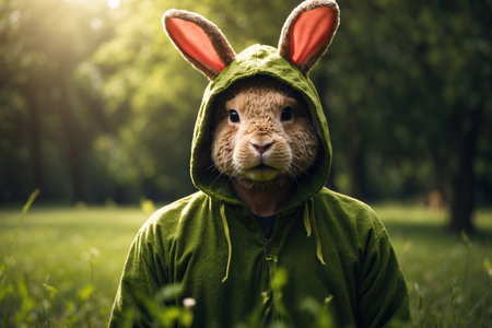 man wearing rabbit costume grass medow background. ai generative.の素材