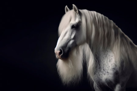 photorealistic studio full body portrait of a Bearded white horse on black background. ai generative.の素材