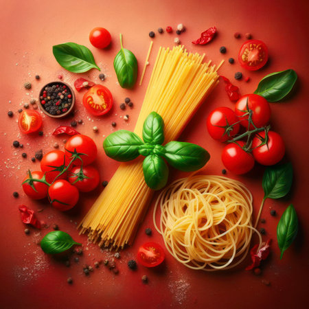 Beautiful background with spaghetti noodles, tomatoes and basil with pepper on a beautiful red background. ai generative.の素材