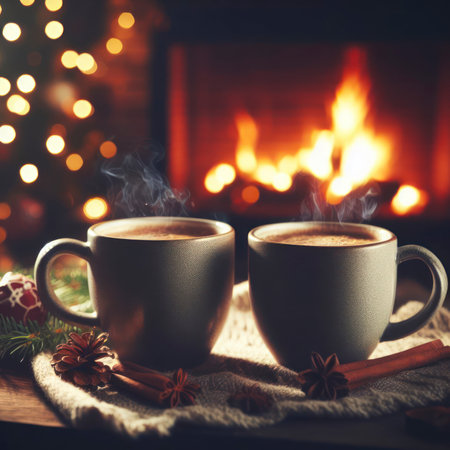 Close up Two mugs of coffee by the fireplace background bokeh. ai generative.の素材