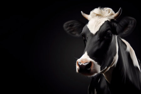 portrait of a black and white color cow isolated on black background with copy space. ai generative.の素材