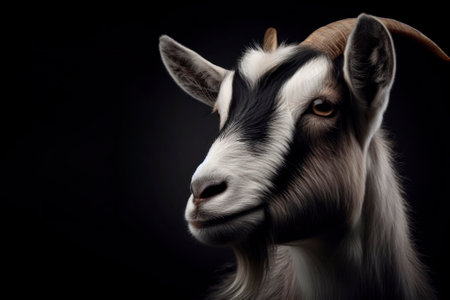 portrait of a goat isolated on black background with copy space. ai generative.の素材