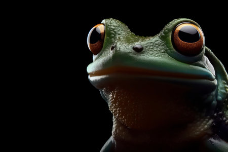 portrait of a frog isolated on black background with copy space. ai generative.の素材