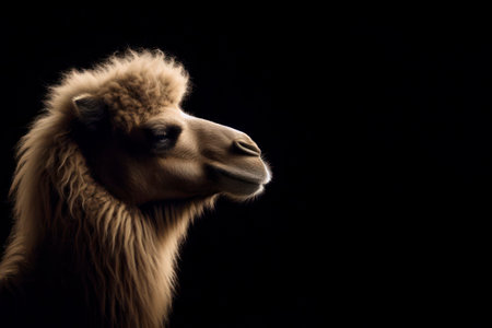 portrait of a camel isolated on black background with copy space. ai generative.の素材