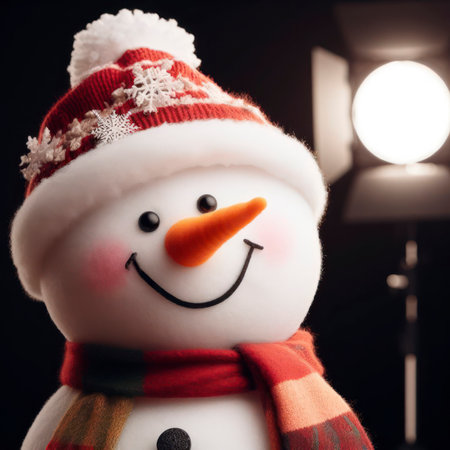 portrait of a happy smiling snowman isolated on black background with copy space. ai generative.の素材
