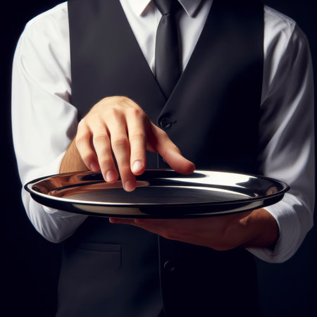 Waiter holding empty tray in front of camera, close up view with space for product on solid background. ai generative.の素材
