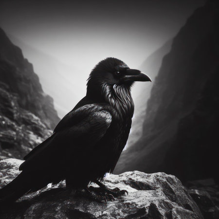 a black raven bird on a stone solid dark background. ai generative.の素材
