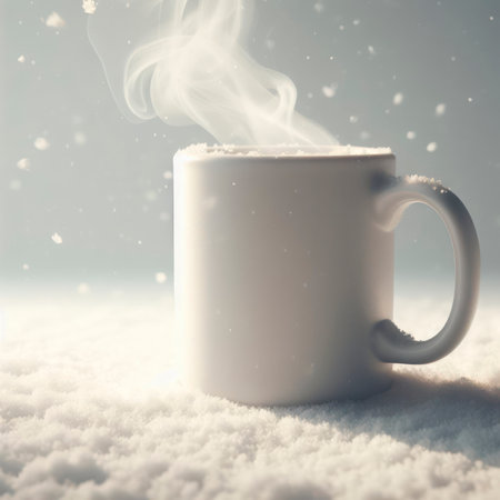 A plain white ceramic mug mock up snow background with smoke. ai generative.の素材